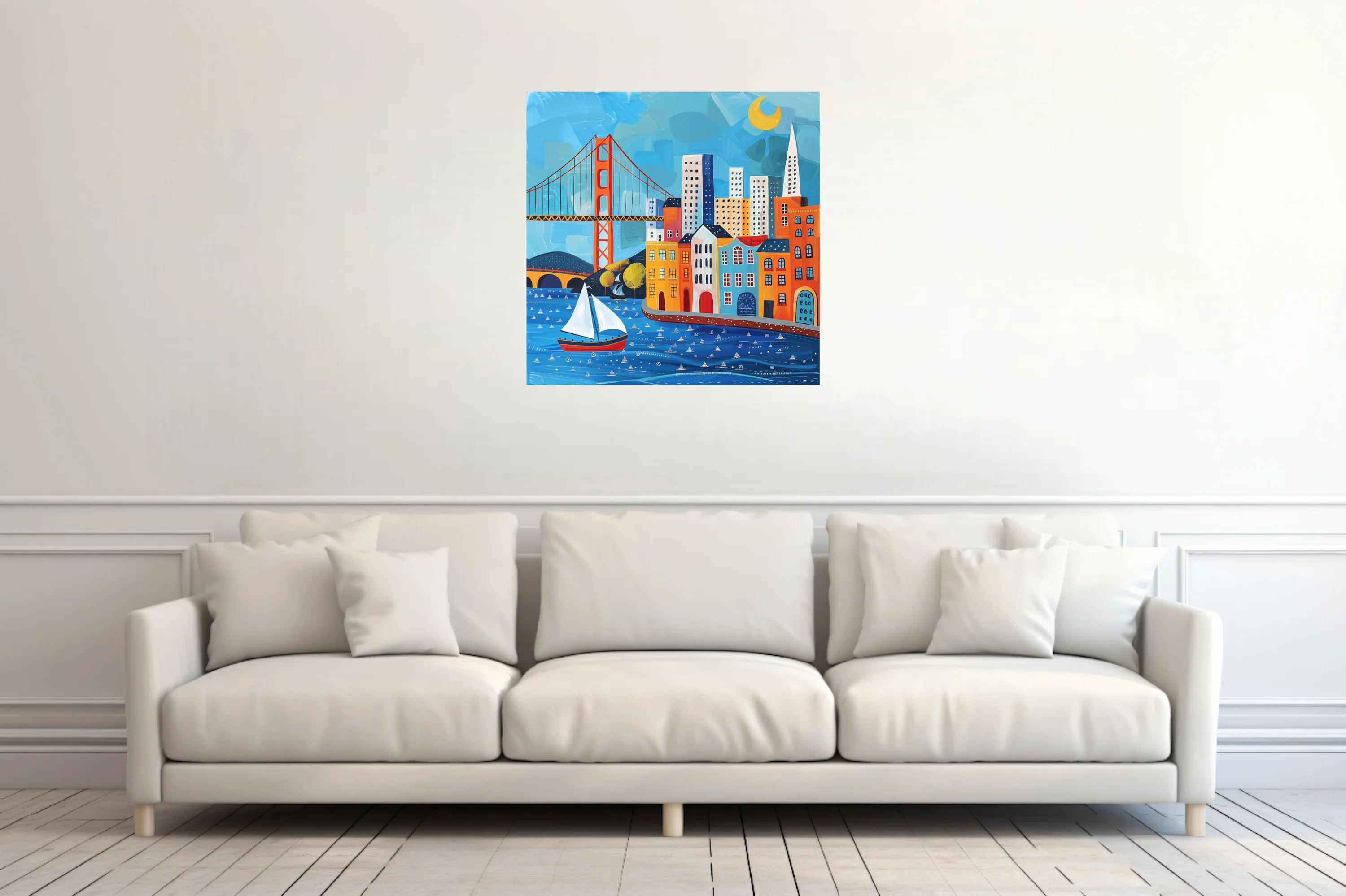 Folk-art style San Francisco skyline with suspension bridge, sailboat, colorful buildings