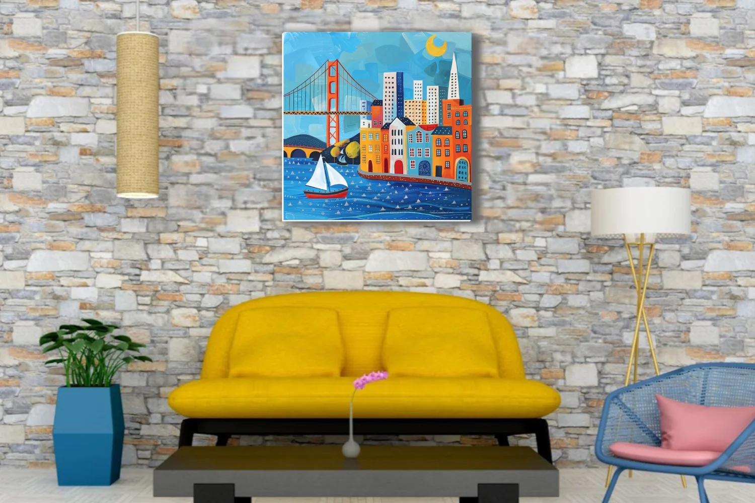 Folk-art style San Francisco skyline with suspension bridge, sailboat, colorful buildings