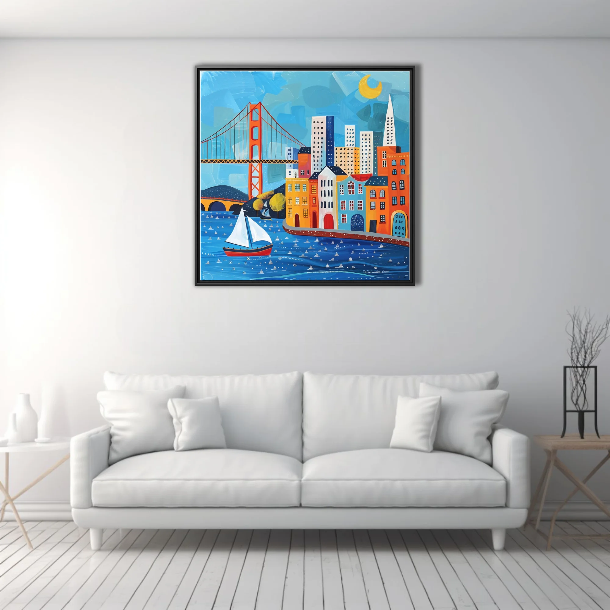 Folk-art style San Francisco skyline with suspension bridge, sailboat, colorful buildings