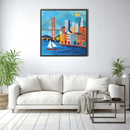 Folk-art style San Francisco skyline with suspension bridge, sailboat, colorful buildings