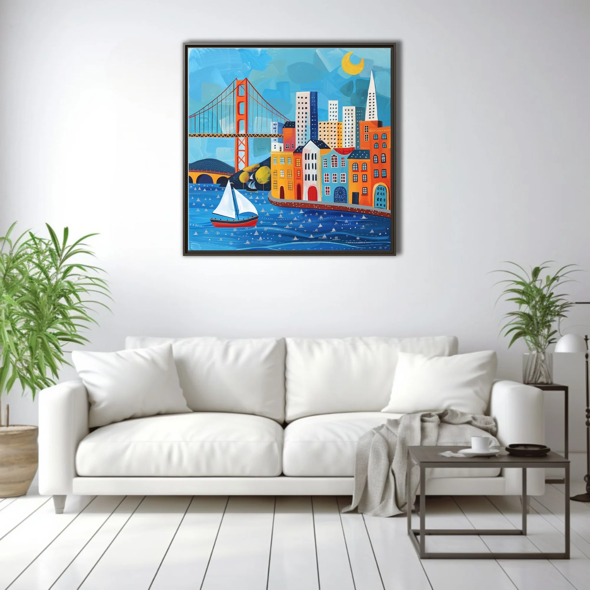 Folk-art style San Francisco skyline with suspension bridge, sailboat, colorful buildings