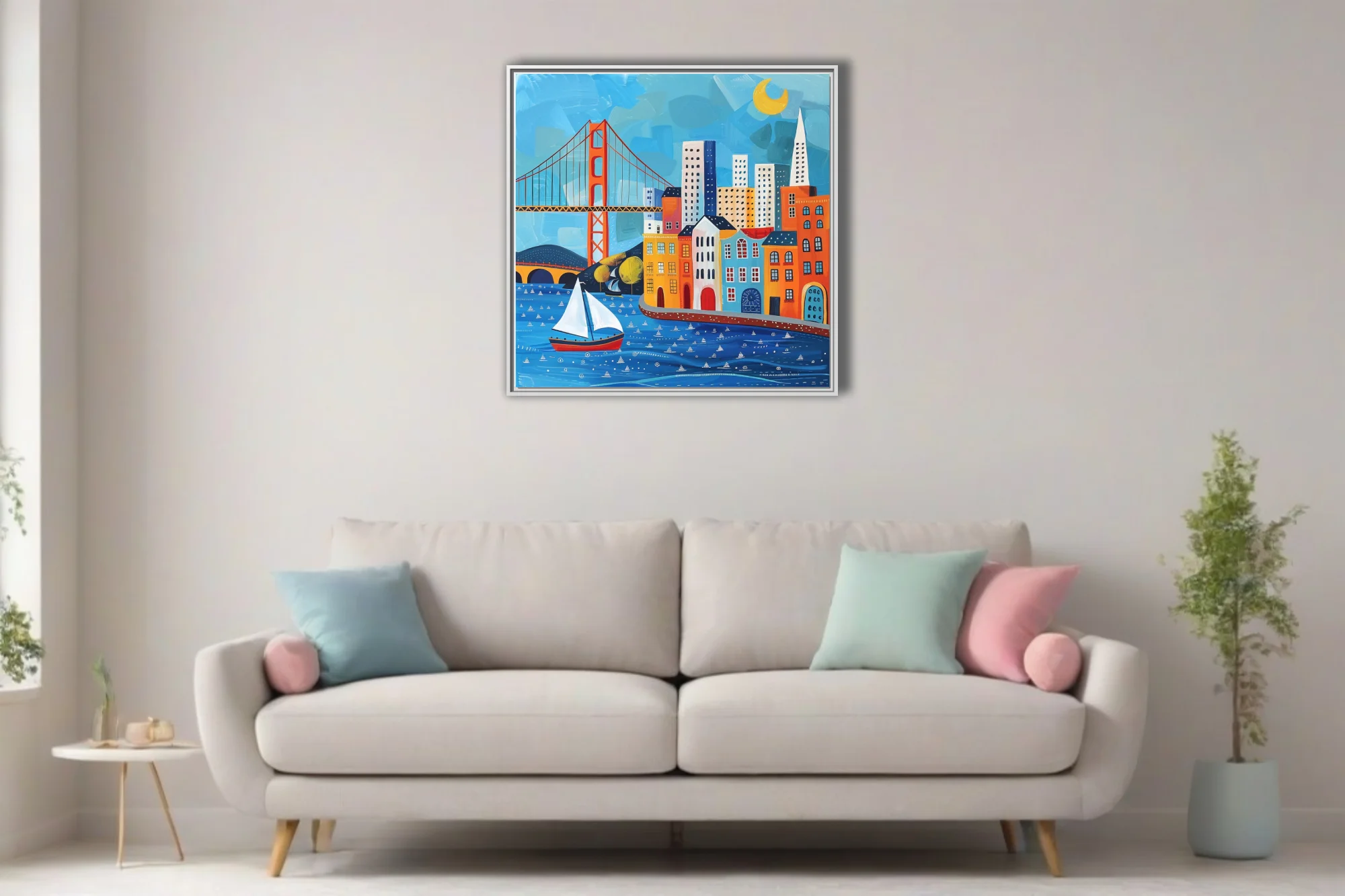 Folk-art style San Francisco skyline with suspension bridge, sailboat, colorful buildings
