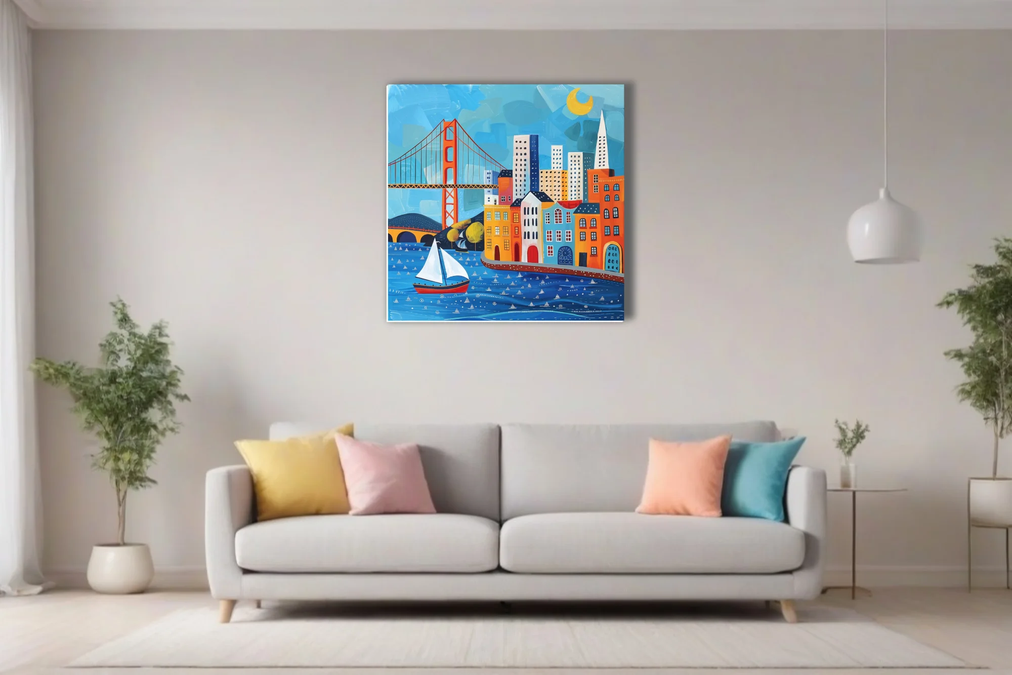 Folk-art style San Francisco skyline with suspension bridge, sailboat, colorful buildings
