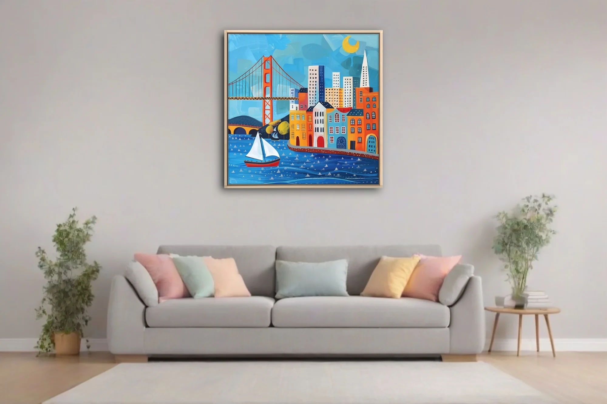 Folk-art style San Francisco skyline with suspension bridge, sailboat, colorful buildings