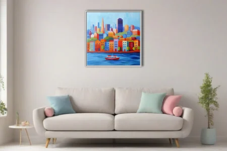 Vibrant San Francisco waterfront skyline, bold colorful flat-graphic cityscape print