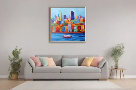 Vibrant San Francisco waterfront skyline, bold colorful flat-graphic cityscape print