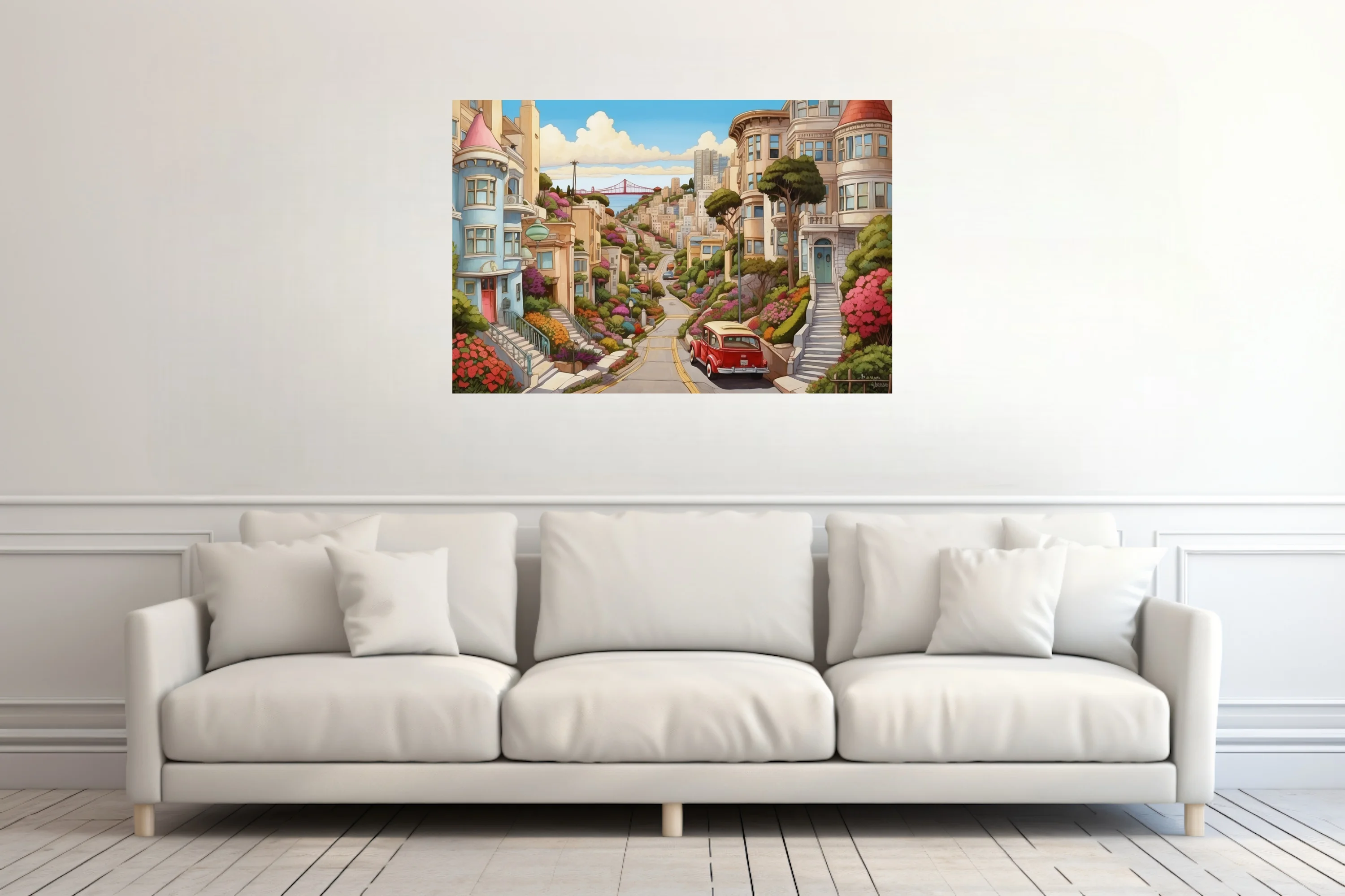 Cartoon-style San Francisco hillside street with colorful blooms and vintage car