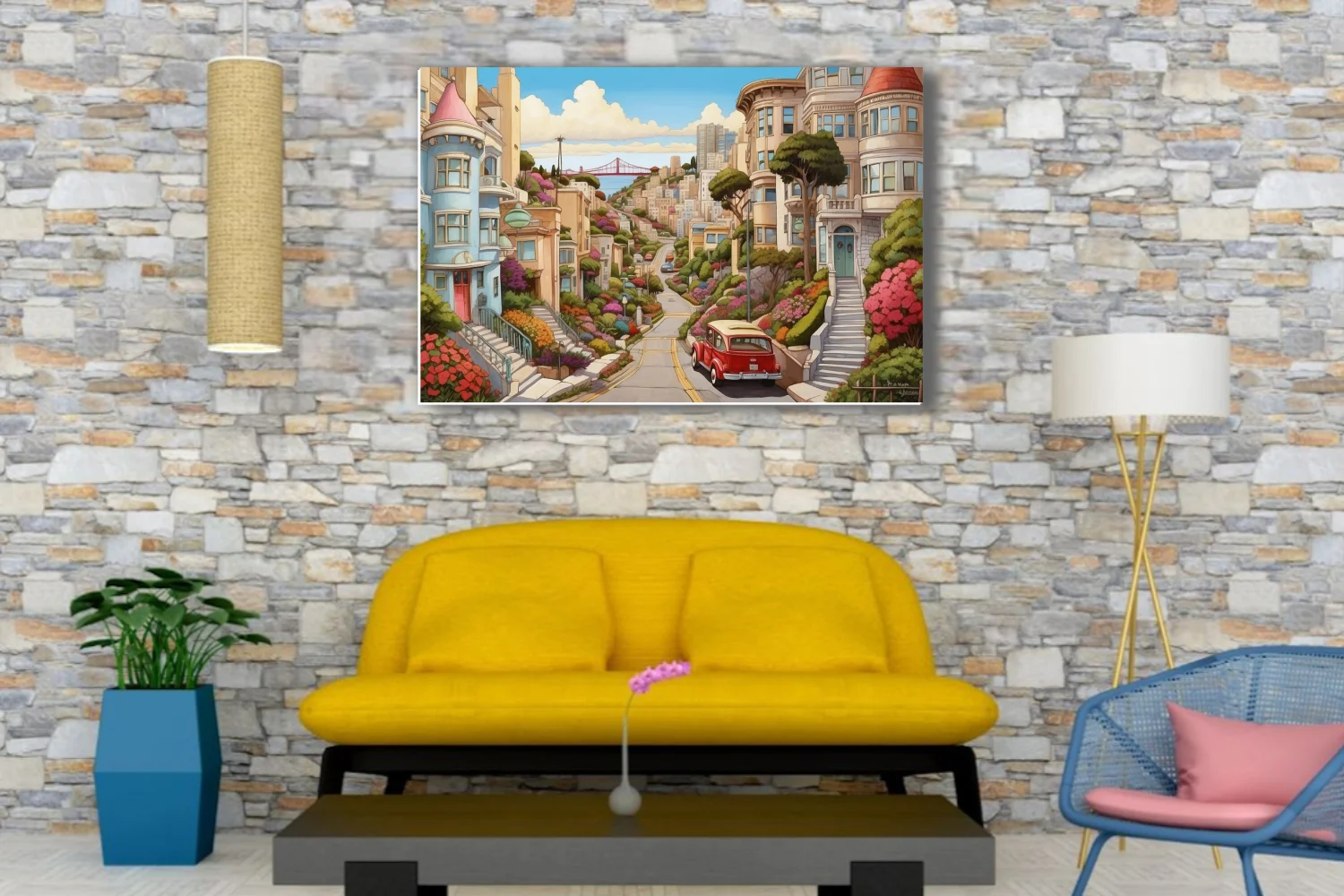 Cartoon-style San Francisco hillside street with colorful blooms and vintage car
