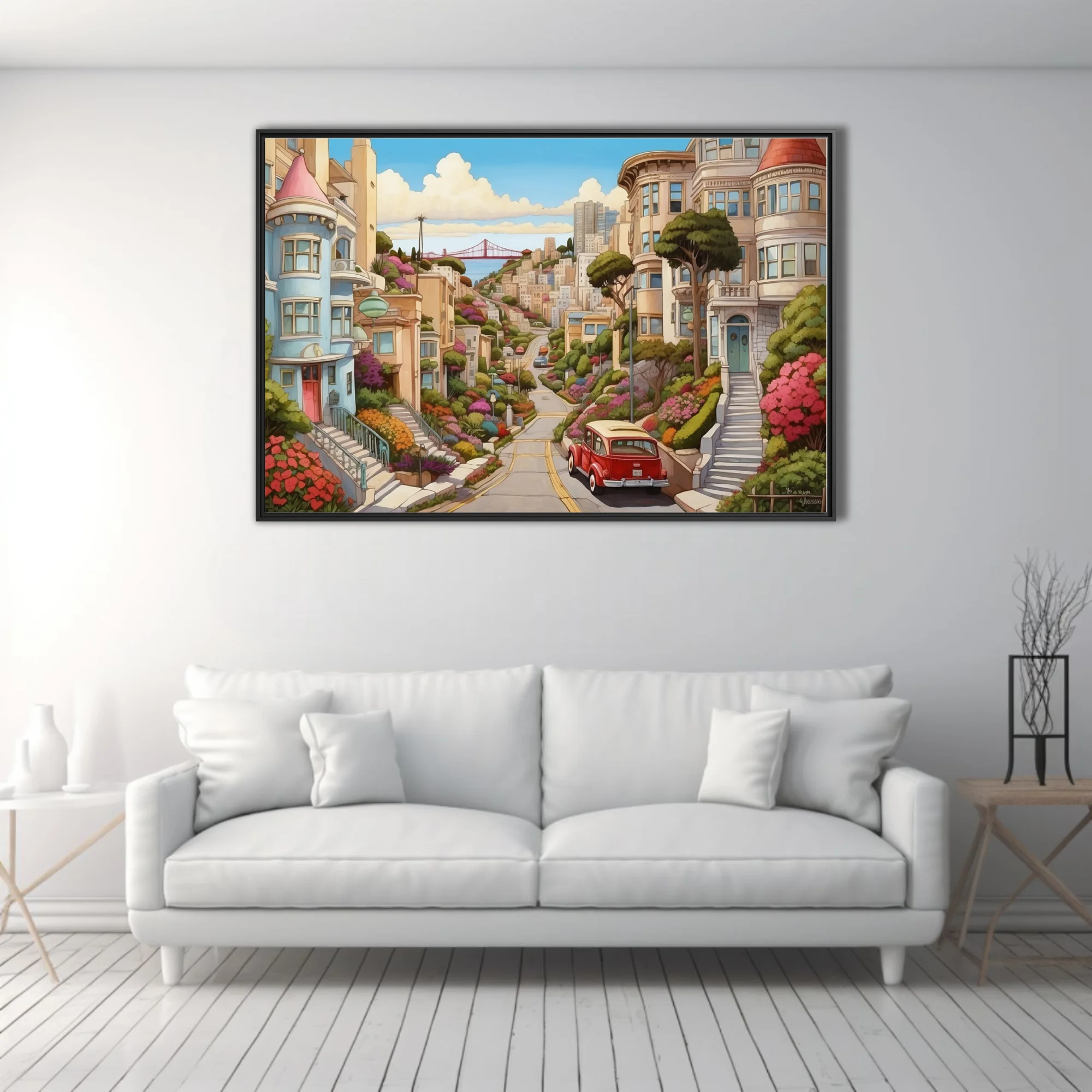 Cartoon-style San Francisco hillside street with colorful blooms and vintage car