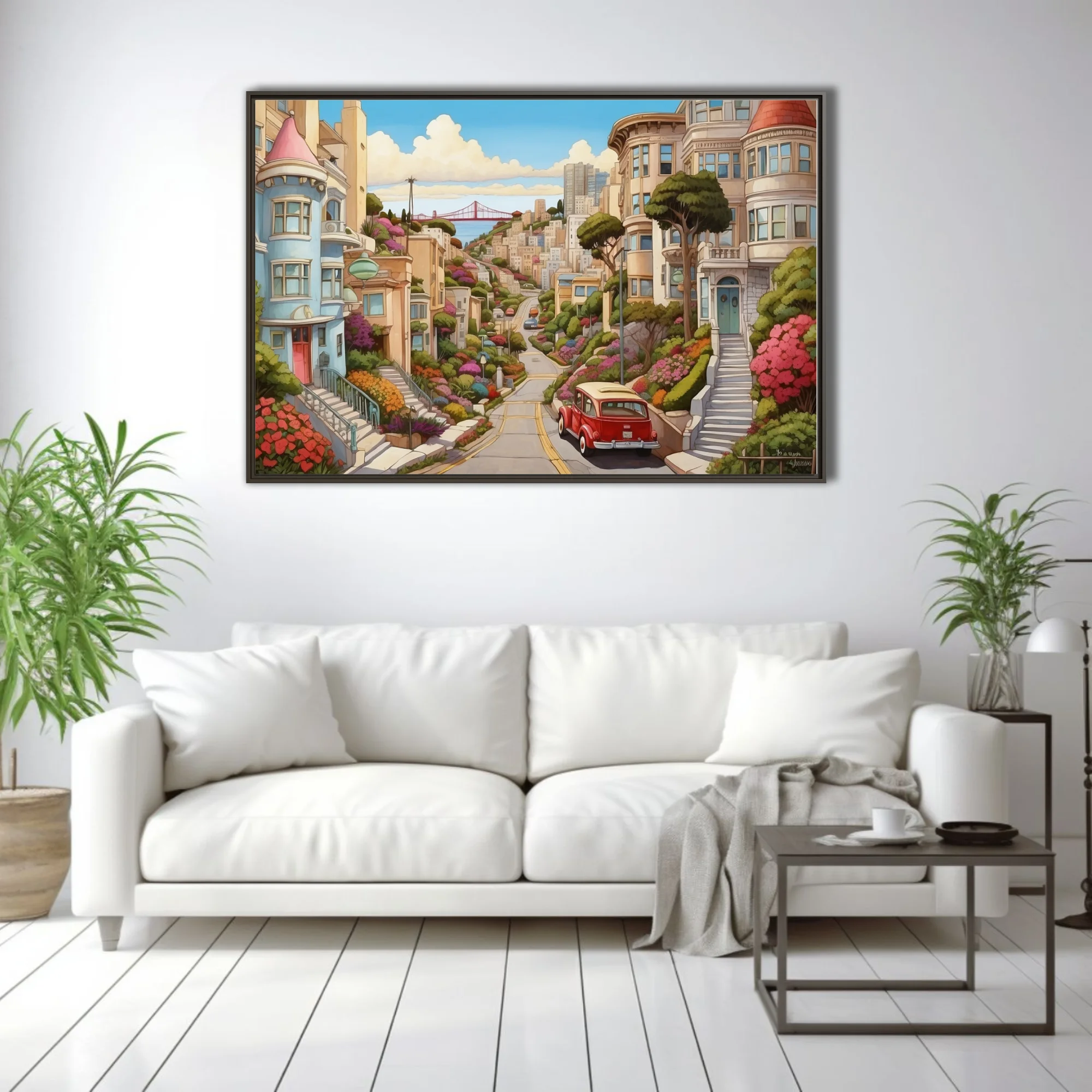 Cartoon-style San Francisco hillside street with colorful blooms and vintage car