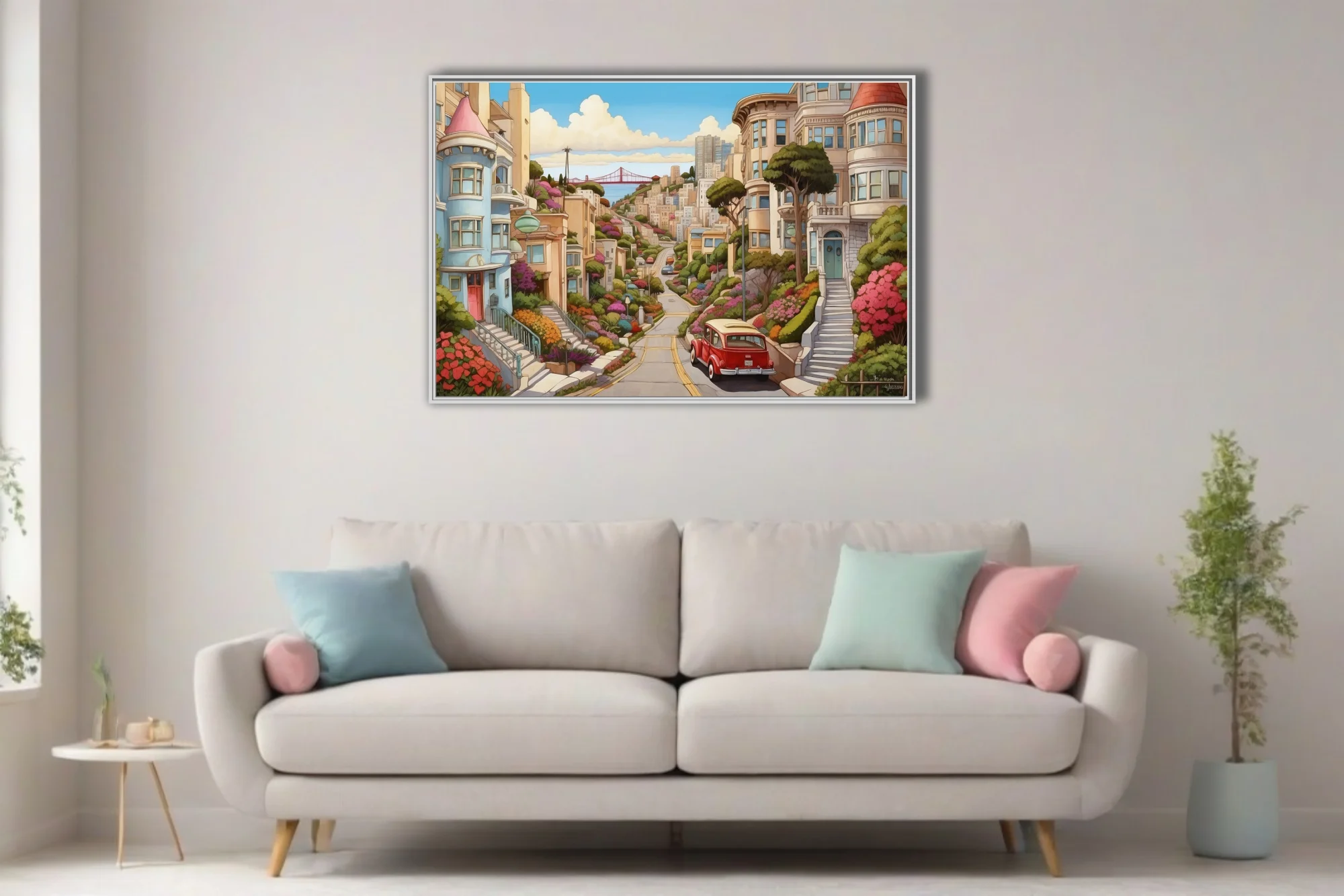 Cartoon-style San Francisco hillside street with colorful blooms and vintage car