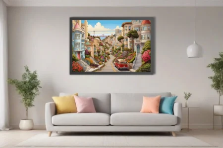 Cartoon-style San Francisco hillside street with colorful blooms and vintage car