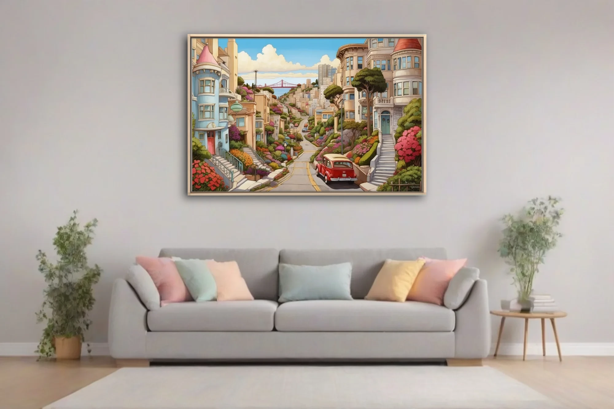 Cartoon-style San Francisco hillside street with colorful blooms and vintage car