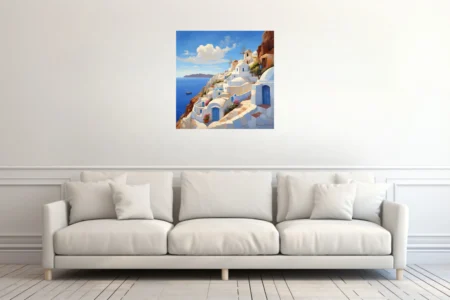 Santorini cliffside village, whitewashed domes, blue doors, Aegean sea, sailboat