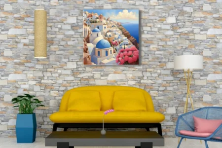 Santorini cliffside village wall art with blue domes, white houses, pink bougainvillea and Aegean sea views