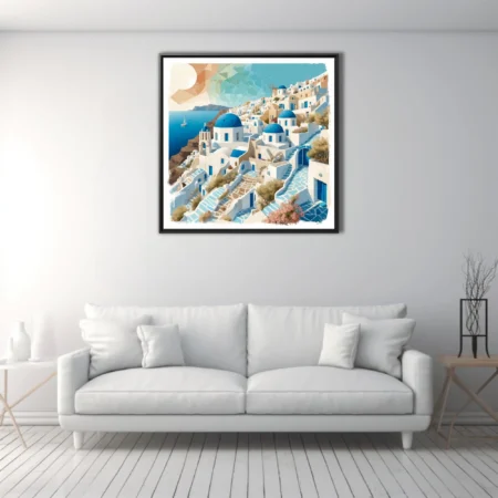 Low-poly stylized Santorini village with blue domes, white architecture, and Aegean sea