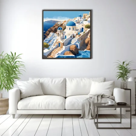 Flat illustration Greek island clifftop architecture blue domes whitewashed buildings Aegean sea