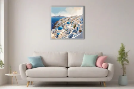 Santorini cliffside village with blue domes and whitewashed houses above the Aegean, painterly coastal art
