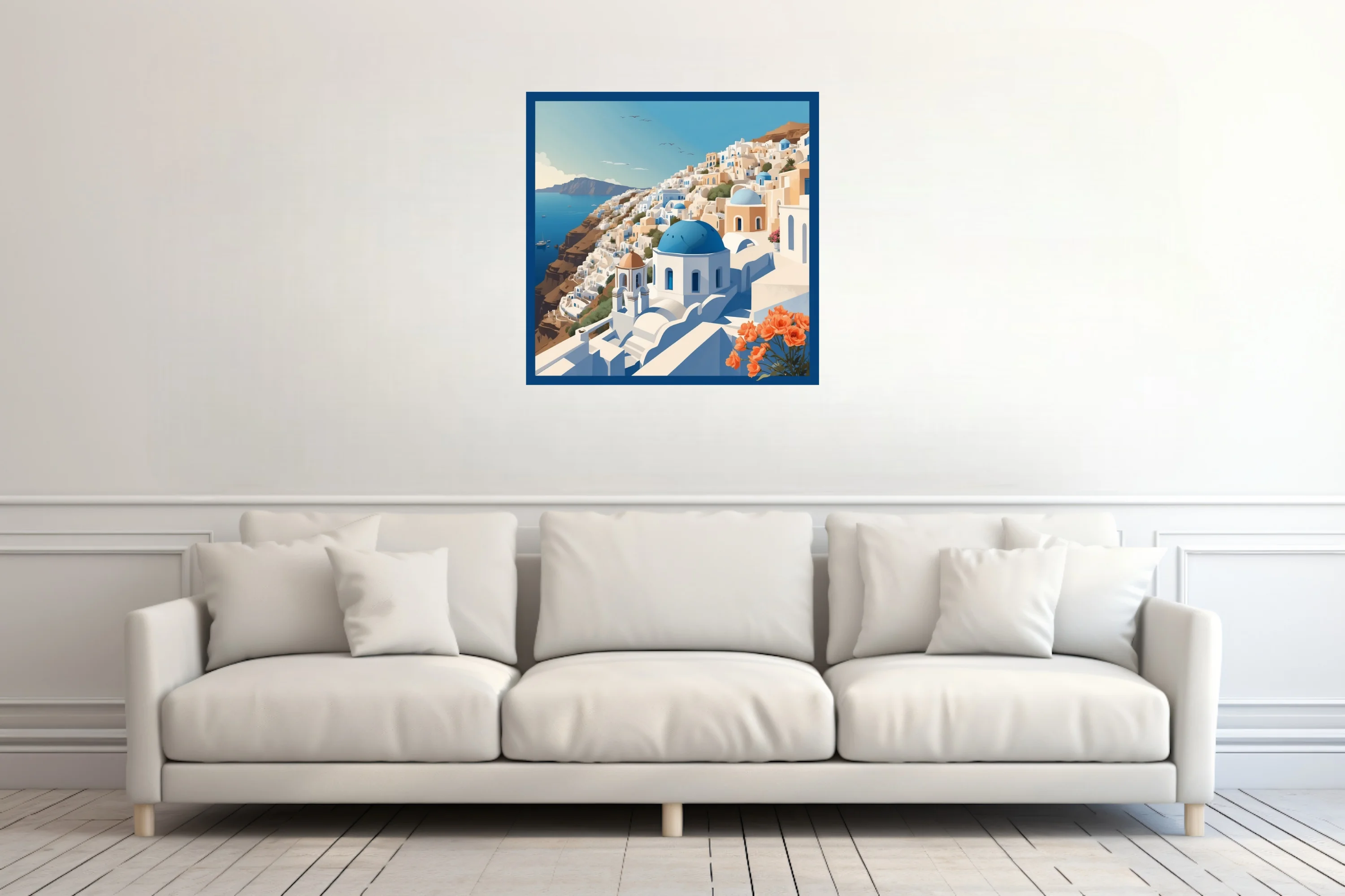 Flat graphic Santorini illustration, blue domes and white buildings overlooking the Aegean Sea