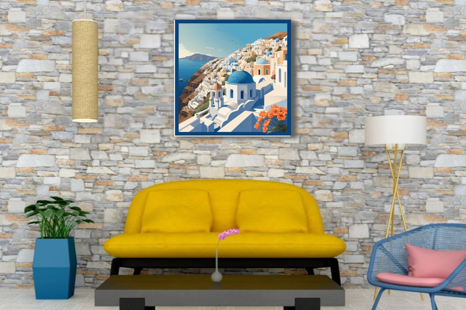 Flat graphic Santorini illustration, blue domes and white buildings overlooking the Aegean Sea