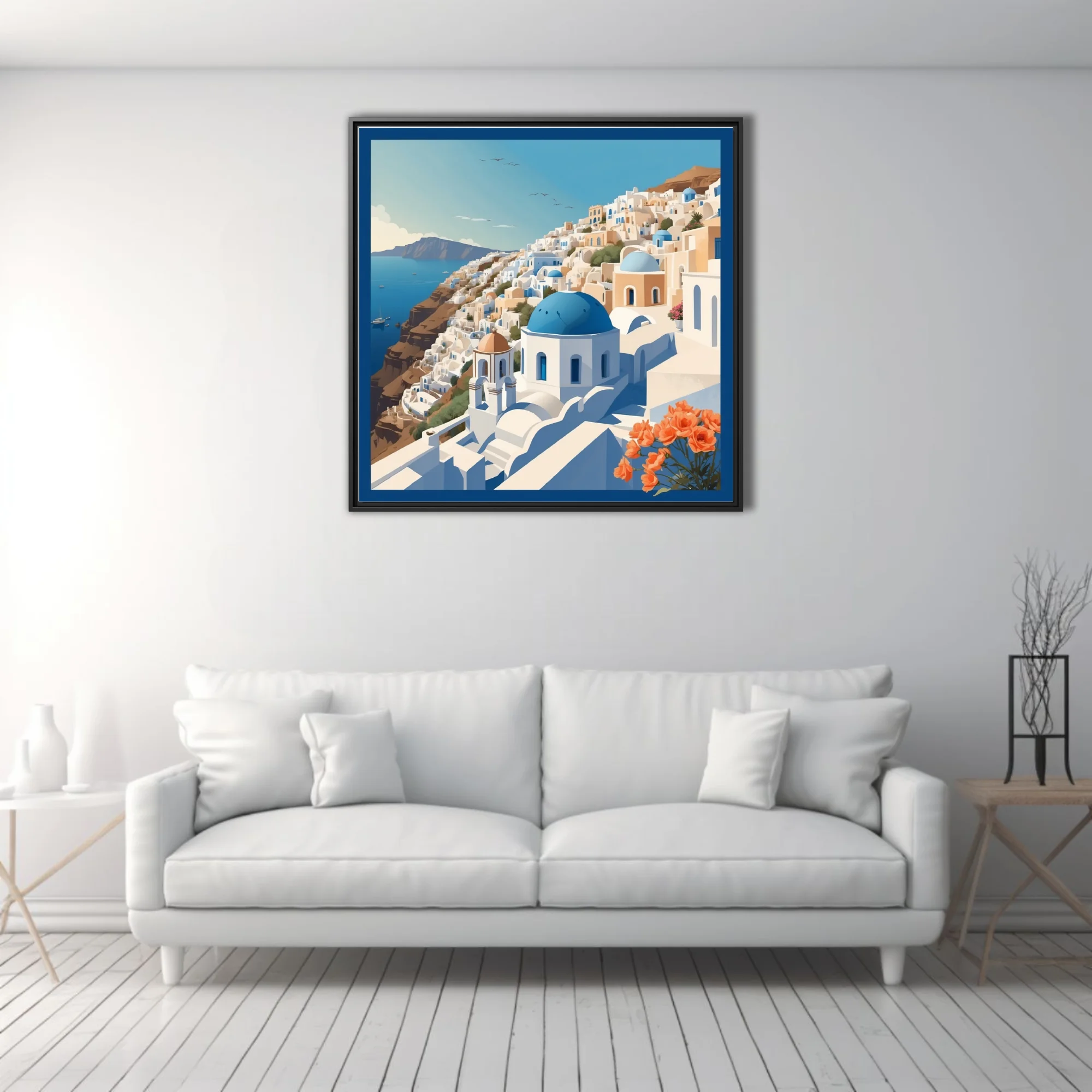 Flat graphic Santorini illustration, blue domes and white buildings overlooking the Aegean Sea