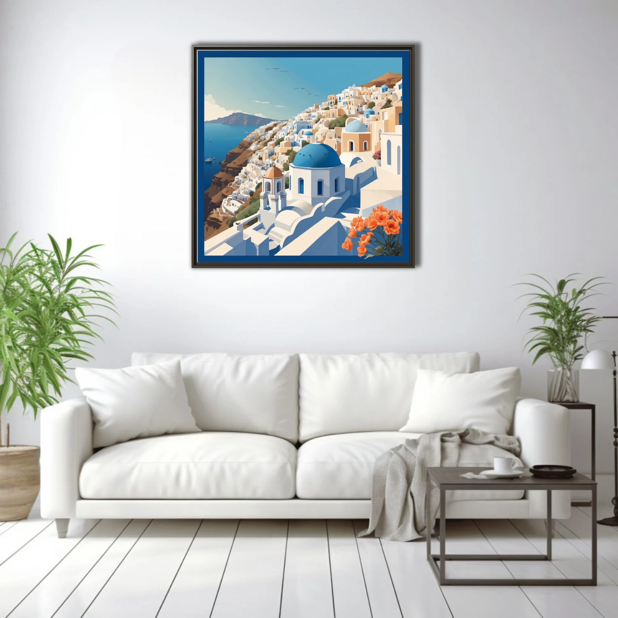 Flat graphic Santorini illustration, blue domes and white buildings overlooking the Aegean Sea