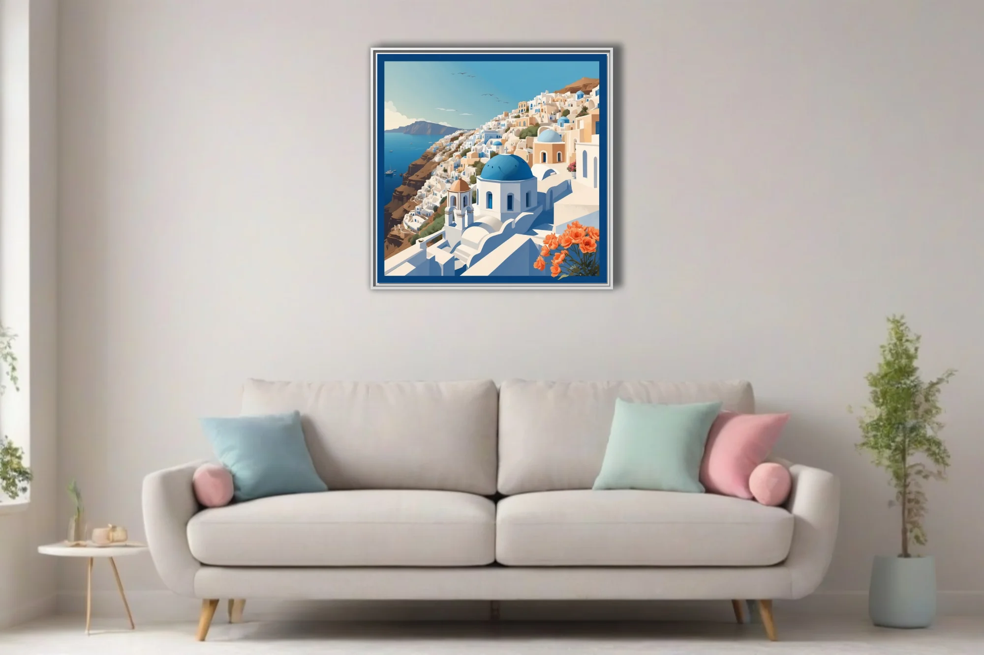Flat graphic Santorini illustration, blue domes and white buildings overlooking the Aegean Sea