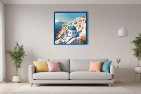Flat graphic Santorini illustration, blue domes and white buildings overlooking the Aegean Sea