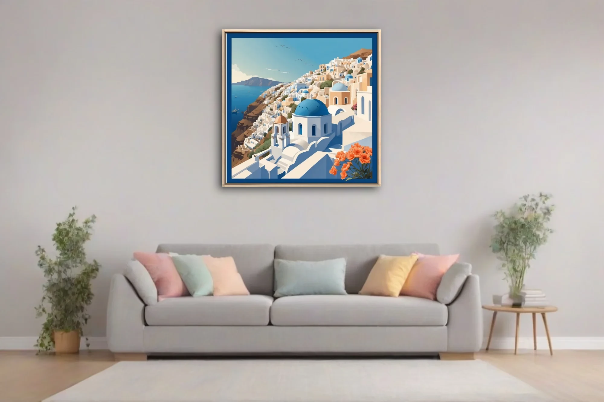 Flat graphic Santorini illustration, blue domes and white buildings overlooking the Aegean Sea