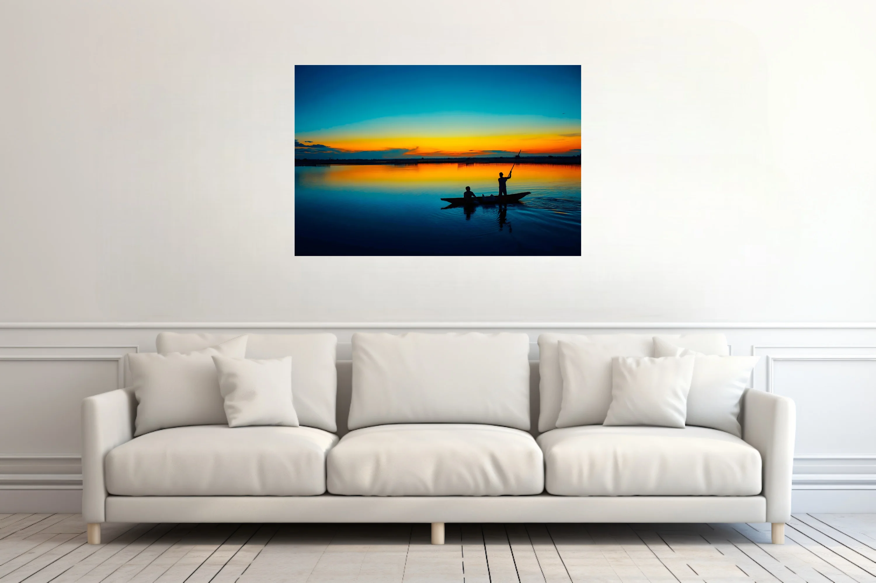 Cinematic sunset river scene with silhouetted boat figures and vivid amber-blue sky reflection