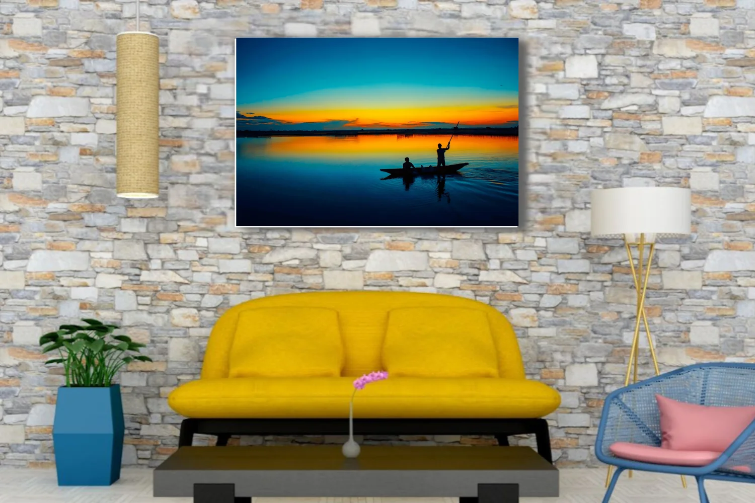 Cinematic sunset river scene with silhouetted boat figures and vivid amber-blue sky reflection