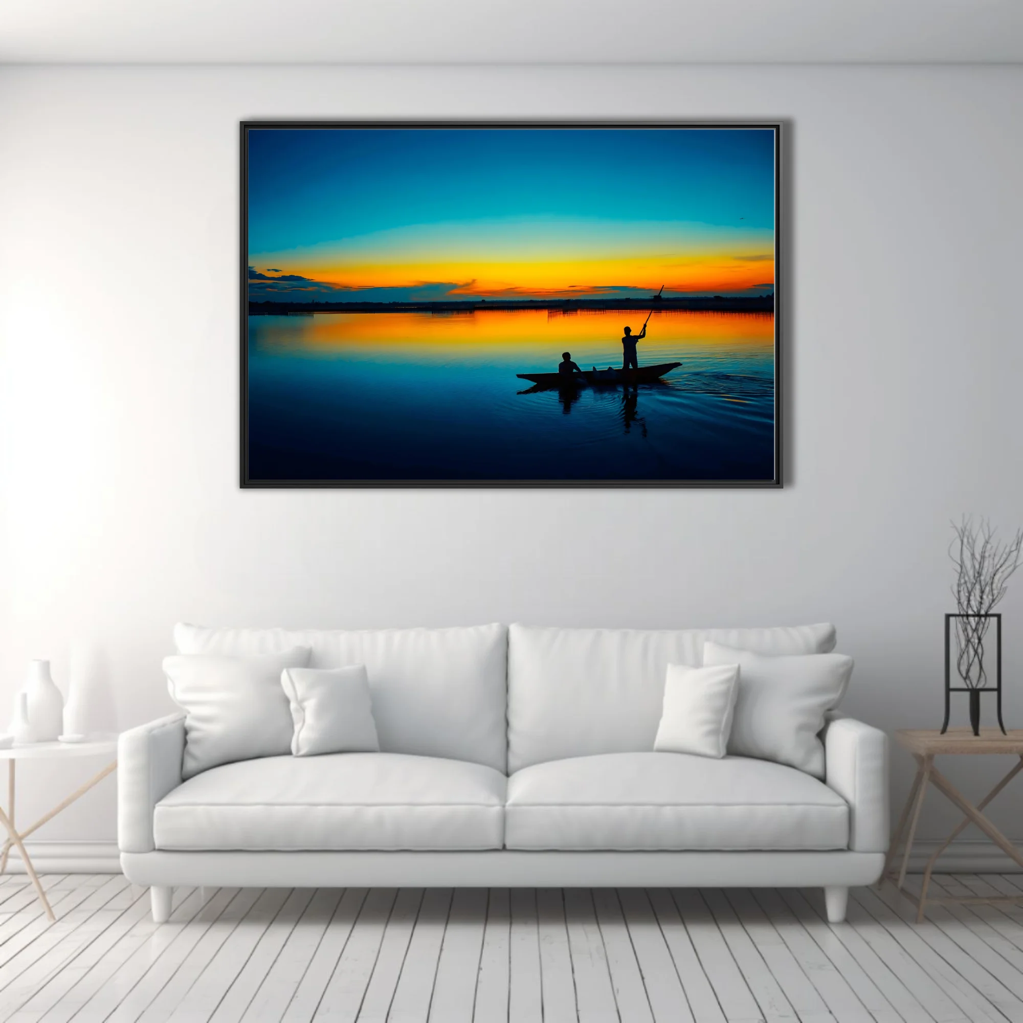 Cinematic sunset river scene with silhouetted boat figures and vivid amber-blue sky reflection