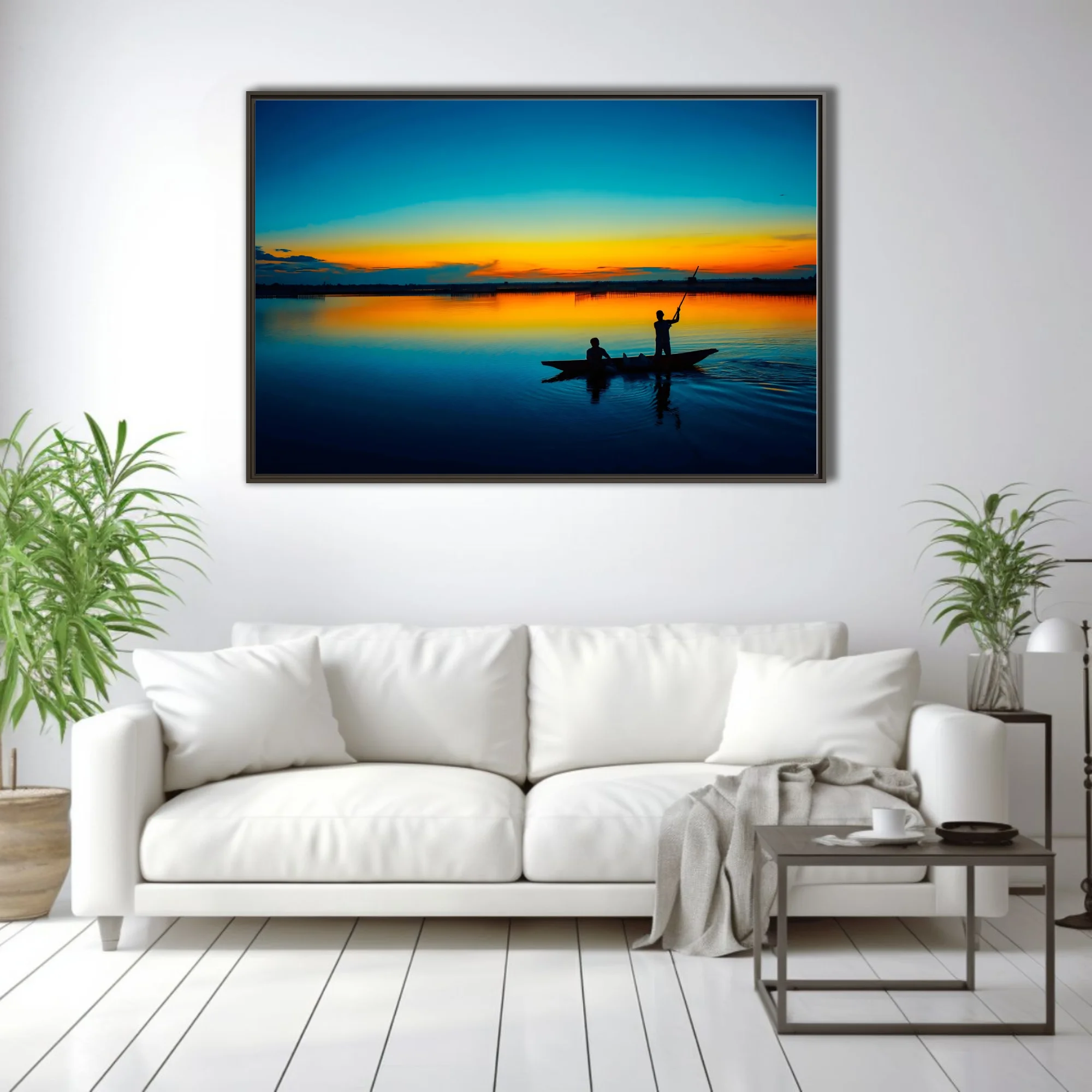 Cinematic sunset river scene with silhouetted boat figures and vivid amber-blue sky reflection