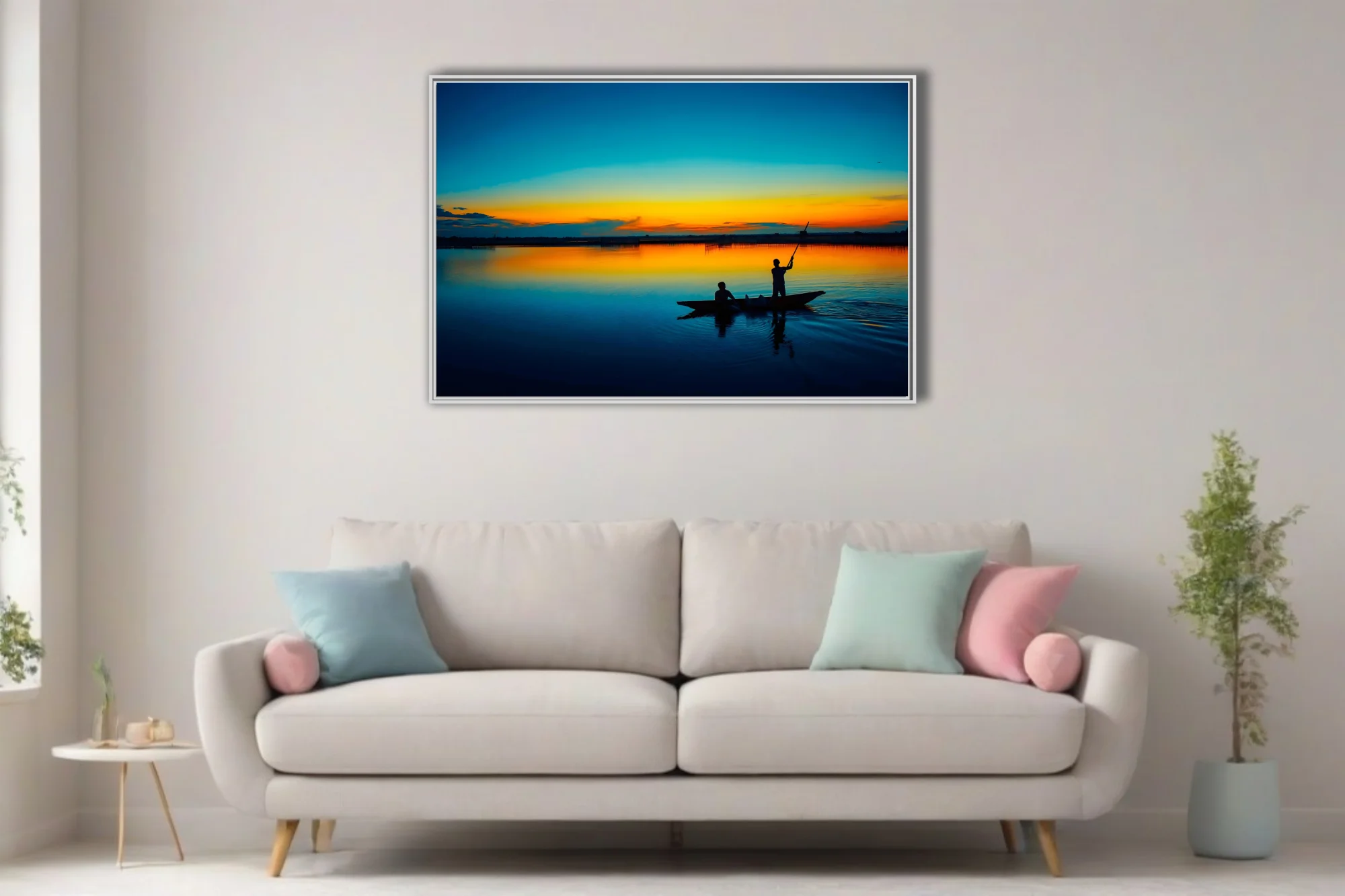 Cinematic sunset river scene with silhouetted boat figures and vivid amber-blue sky reflection