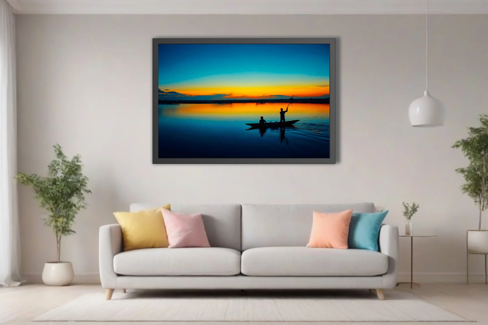 Cinematic sunset river scene with silhouetted boat figures and vivid amber-blue sky reflection