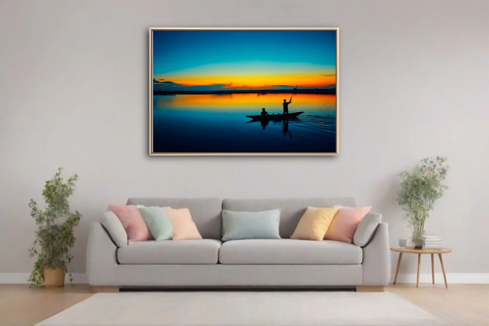 Cinematic sunset river scene with silhouetted boat figures and vivid amber-blue sky reflection
