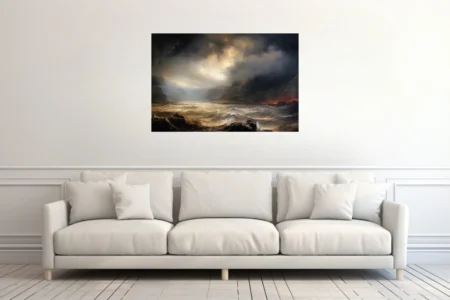 Romantic sublime seascape with stormy skies, golden waves, and volcanic cliffs