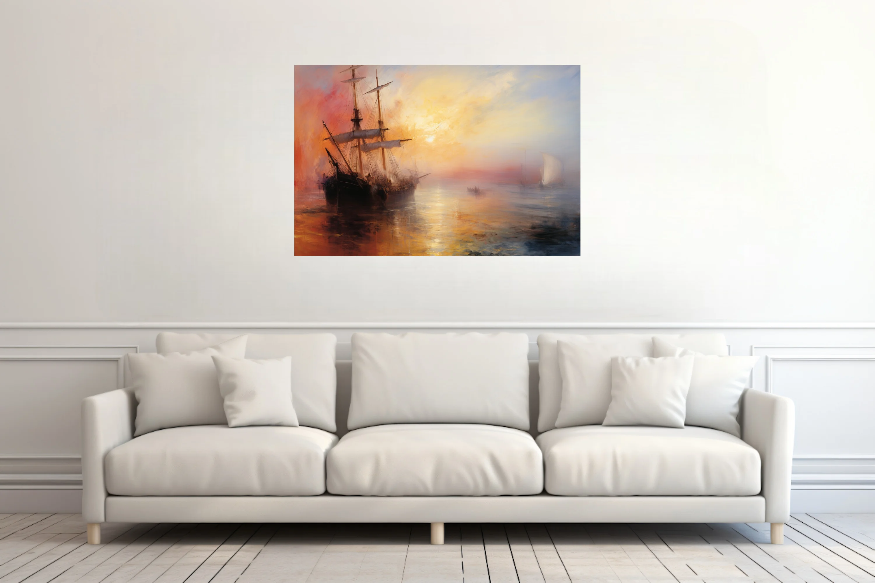 Romantic seascape with tall ship at sunset, fiery gold and crimson sky, maritime wall art
