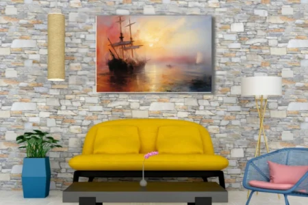 Romantic seascape with tall ship at sunset, fiery gold and crimson sky, maritime wall art