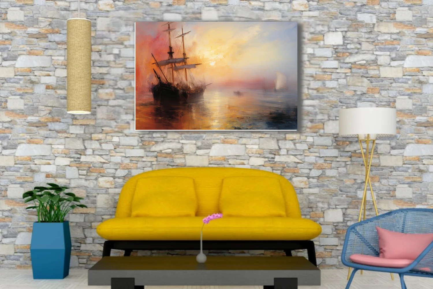 Romantic seascape with tall ship at sunset, fiery gold and crimson sky, maritime wall art
