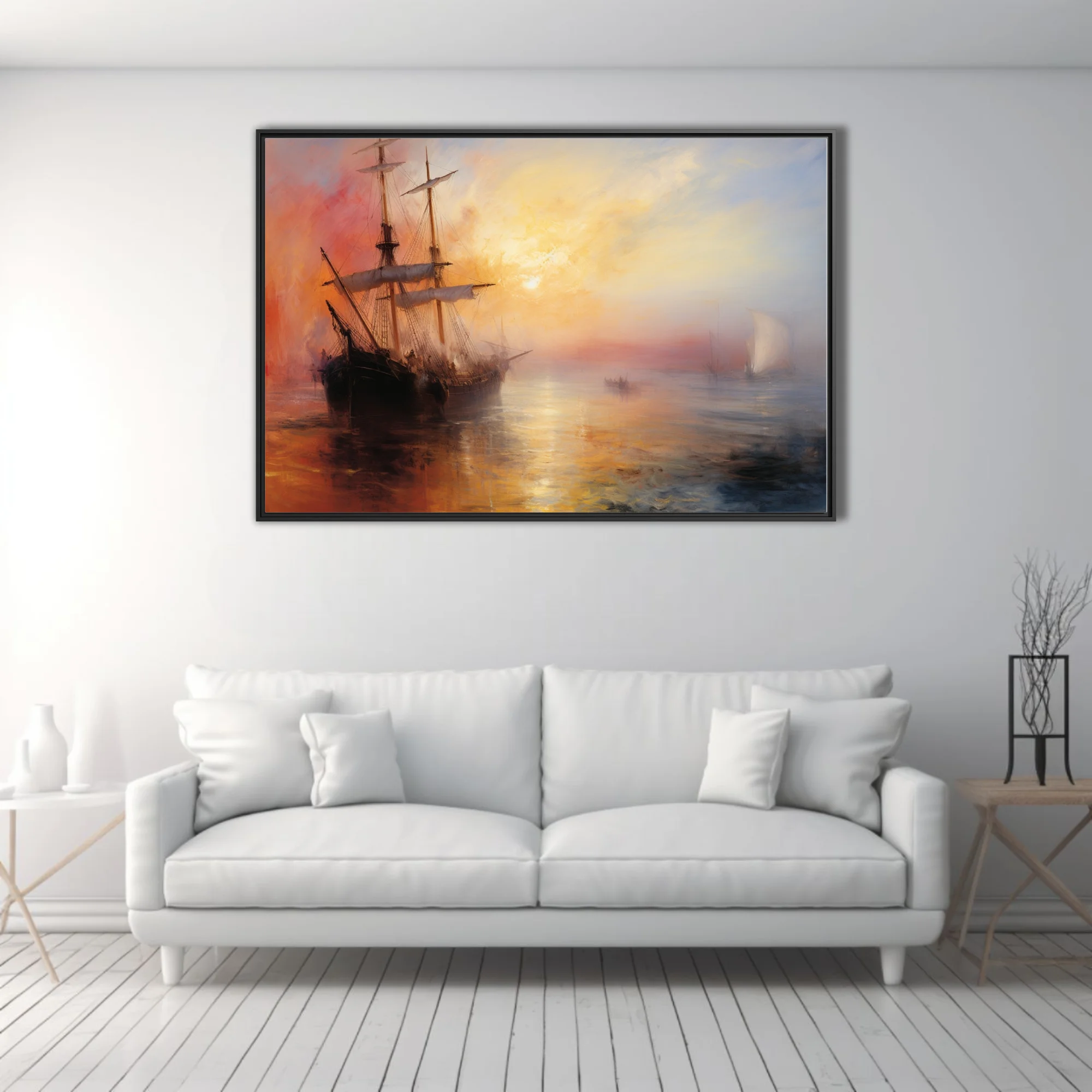 Romantic seascape with tall ship at sunset, fiery gold and crimson sky, maritime wall art