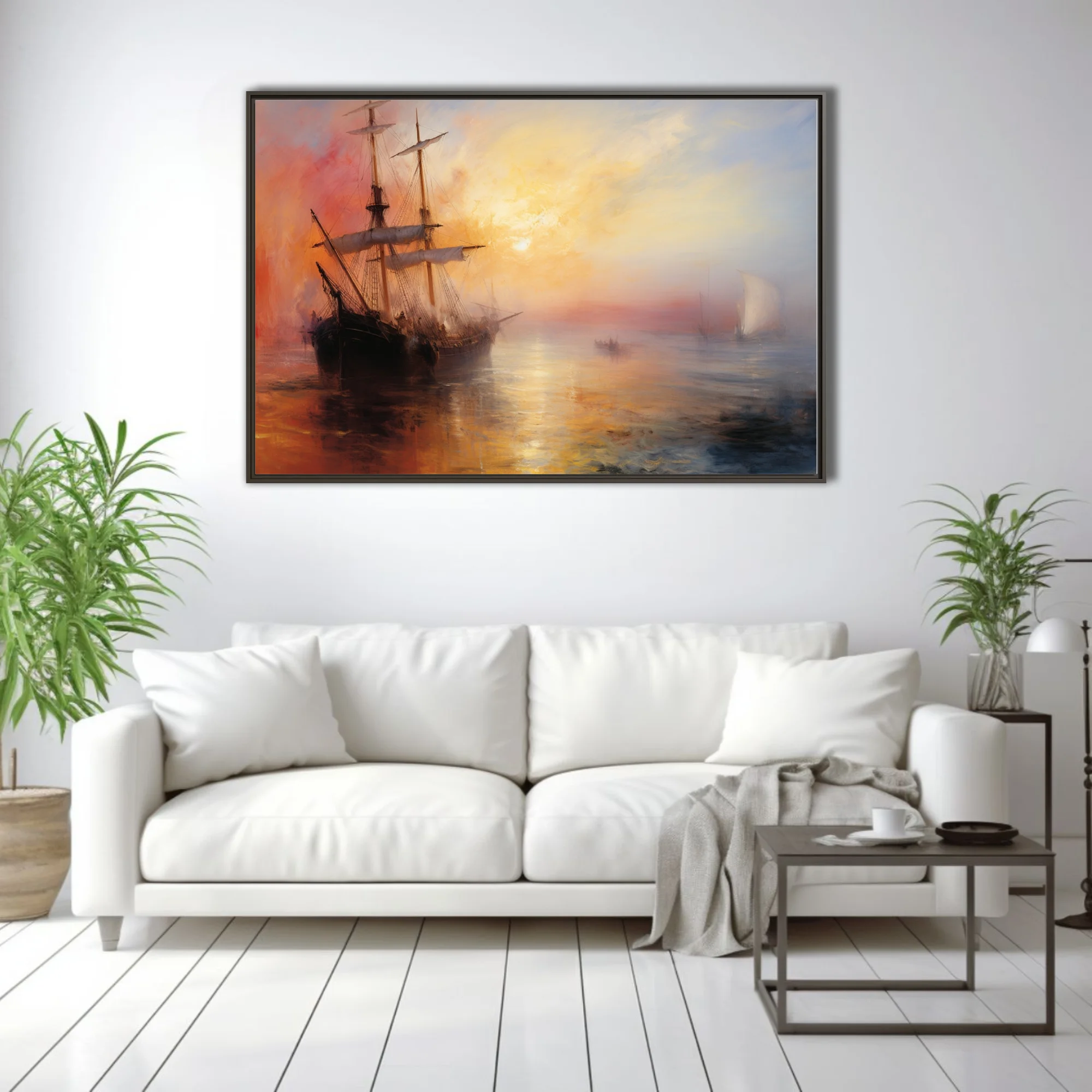 Romantic seascape with tall ship at sunset, fiery gold and crimson sky, maritime wall art