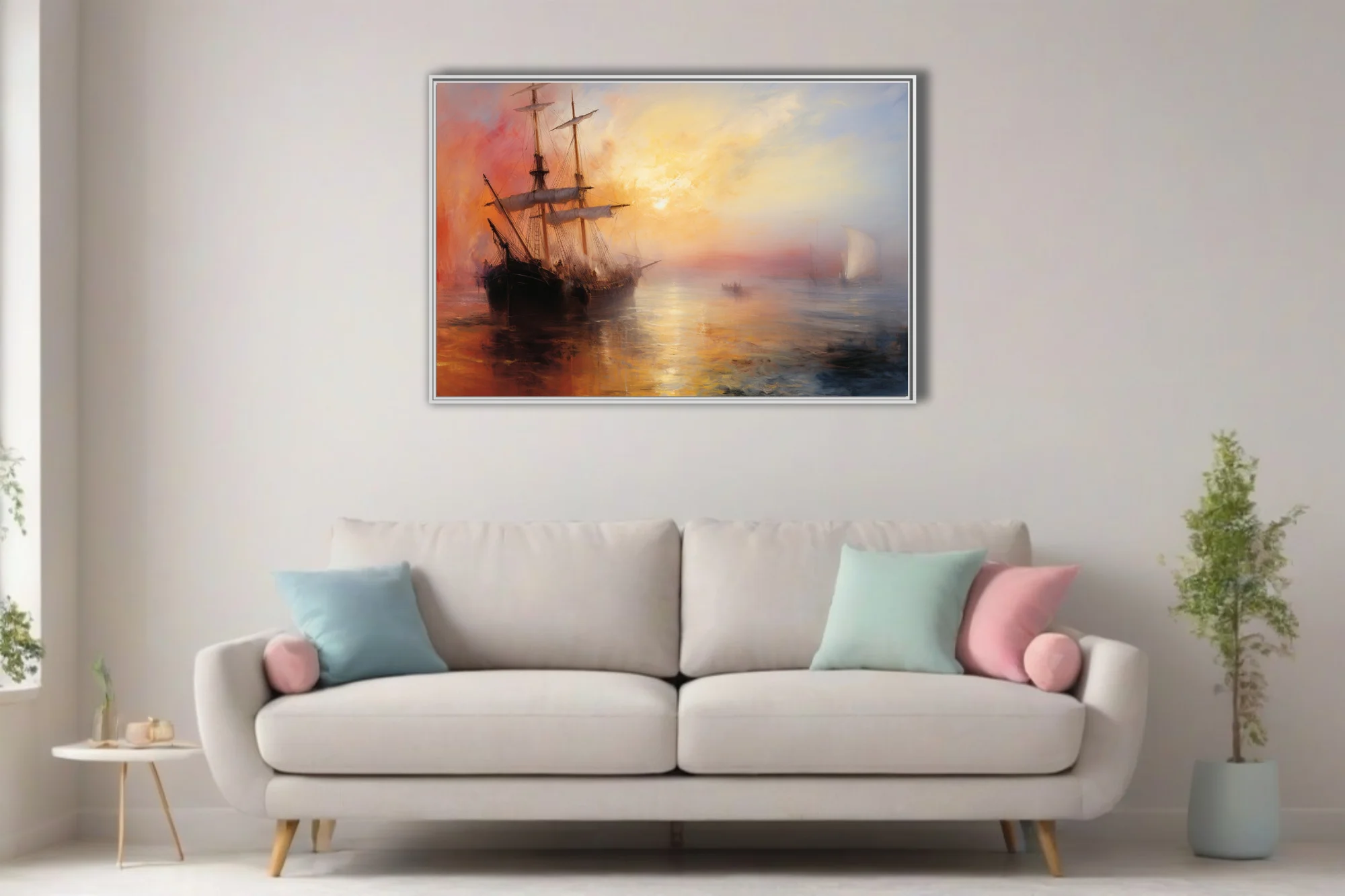 Romantic seascape with tall ship at sunset, fiery gold and crimson sky, maritime wall art