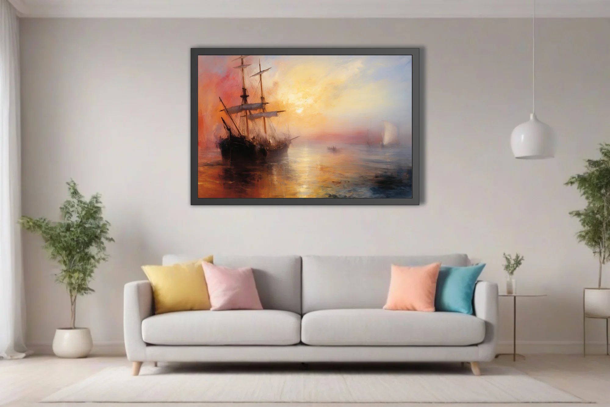 Romantic seascape with tall ship at sunset, fiery gold and crimson sky, maritime wall art