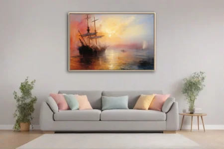 Romantic seascape with tall ship at sunset, fiery gold and crimson sky, maritime wall art