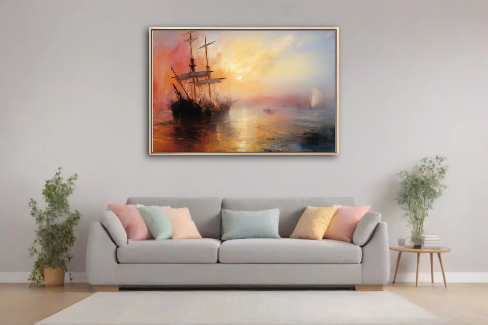 Romantic seascape with tall ship at sunset, fiery gold and crimson sky, maritime wall art