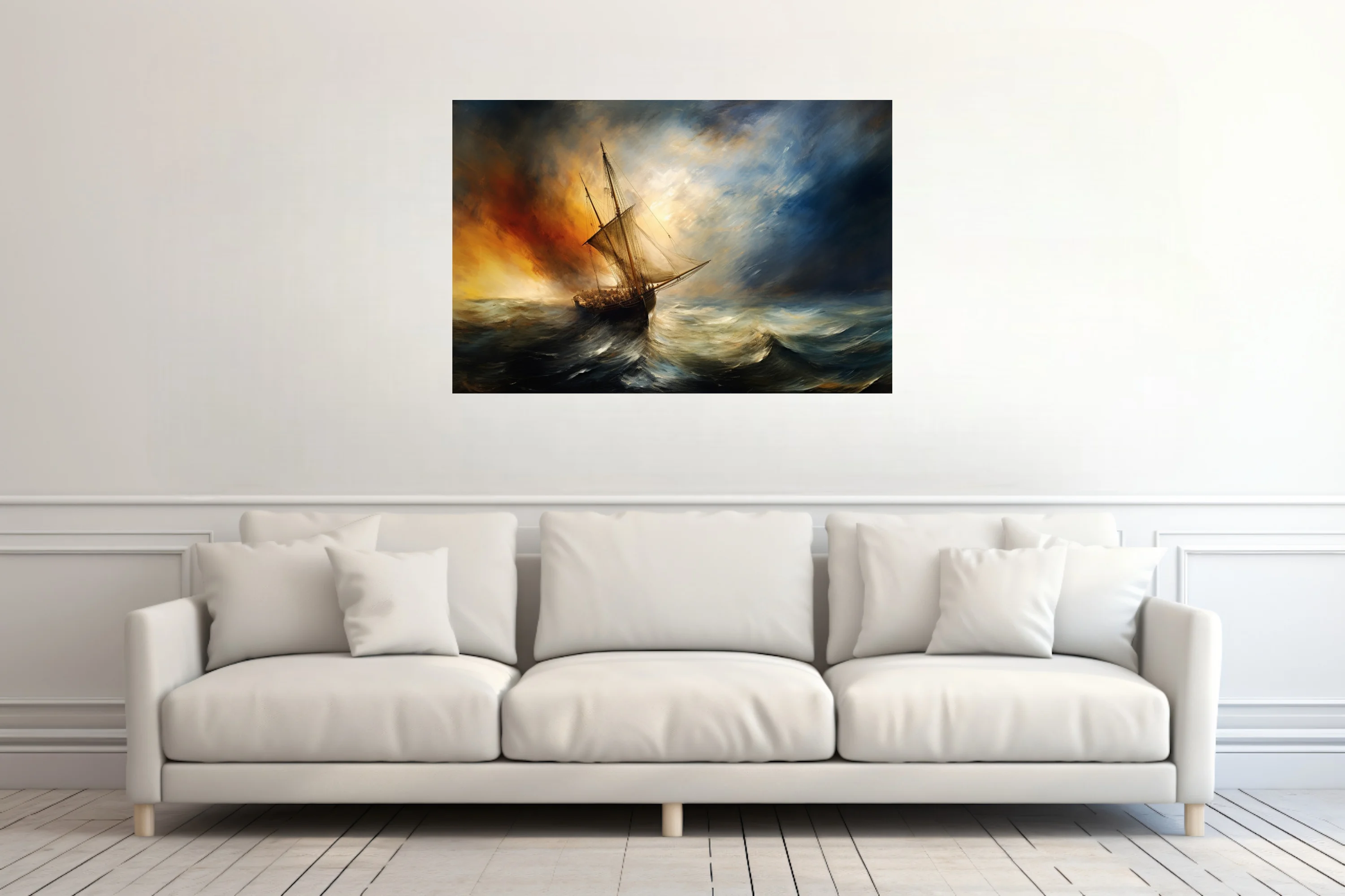 Romantic-style stormy seascape, tall ship in churning waves, amber and steel-blue palette