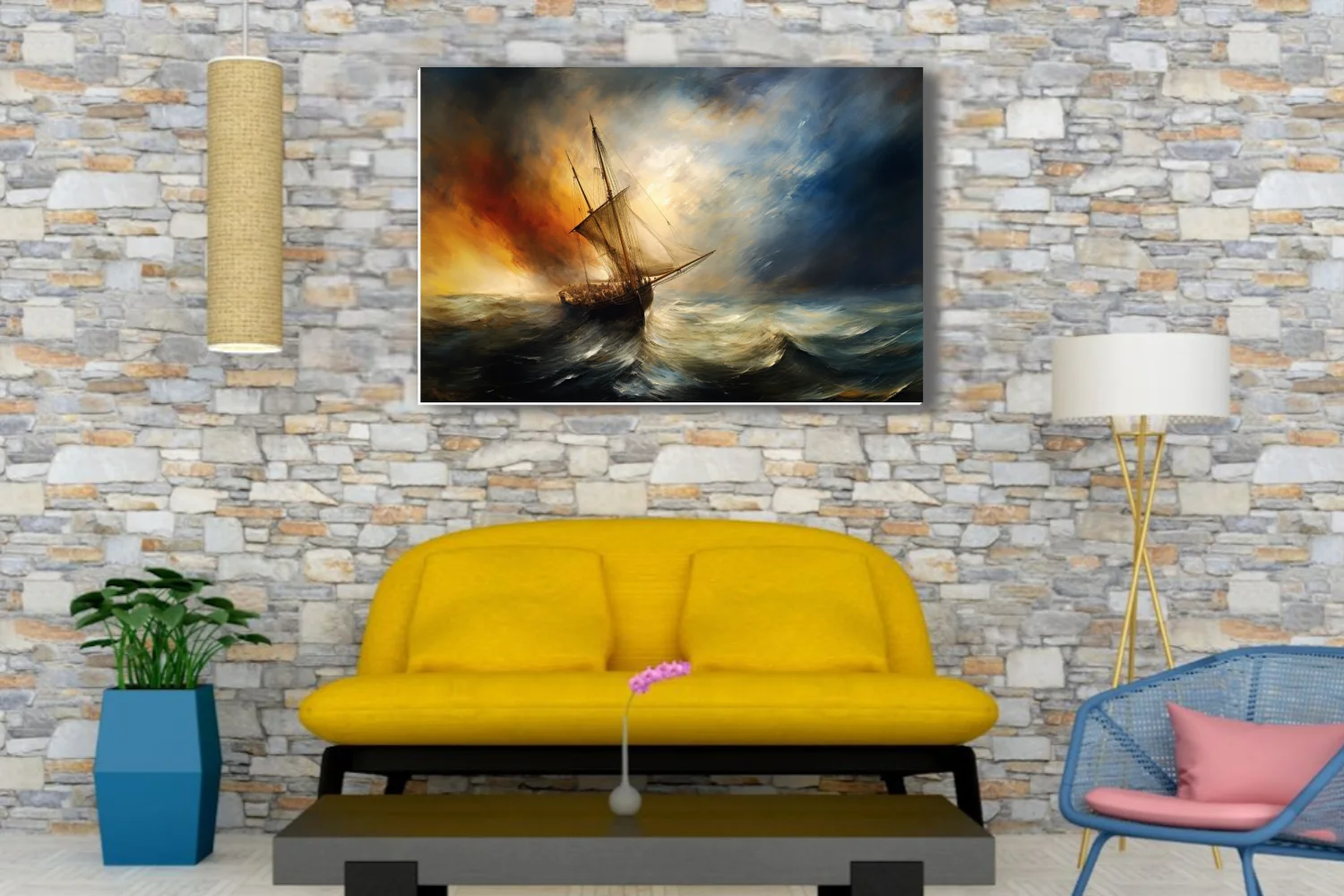 Romantic-style stormy seascape, tall ship in churning waves, amber and steel-blue palette