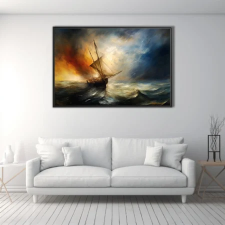Romantic-style stormy seascape, tall ship in churning waves, amber and steel-blue palette
