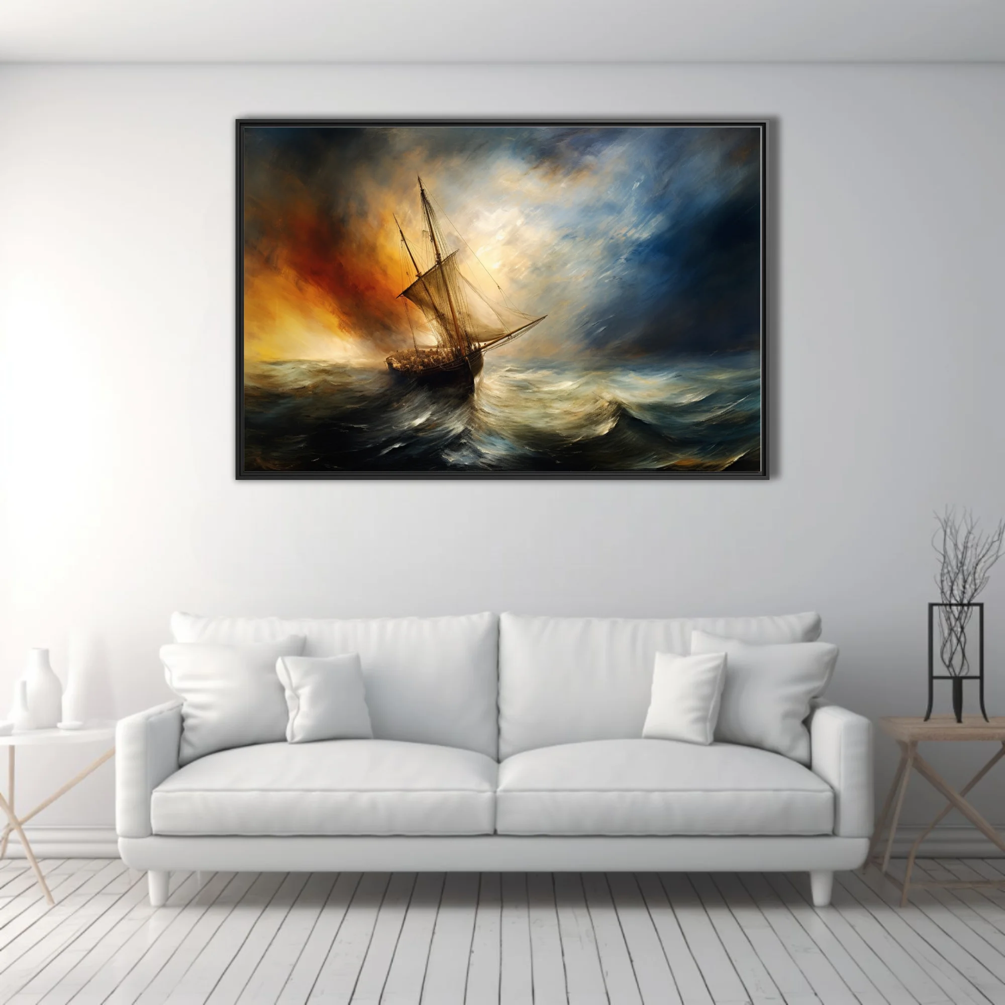 Romantic-style stormy seascape, tall ship in churning waves, amber and steel-blue palette